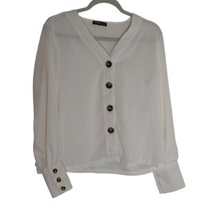 Shein Button Front  Cuff V Neck Top Blouse Shirt White S 4